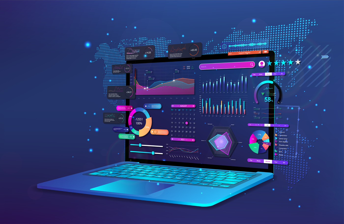 Vector illustration of a business dashboard on laptop.