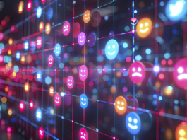 A sentiment analysis graph shows emoticons transitioning from sad to happy in social media posts.