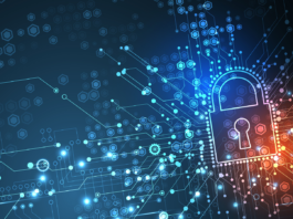 Closed lock icon embedded on a circuit grid and technological background.