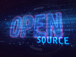 Open source inscription in neon colors over lines of code on background.