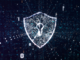 A glowing digital shield with a keyhole, symbolizing cybersecurity, amidst binary code in a dark blue, matrix-like setting.