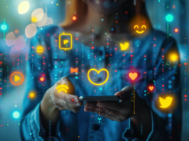 Woman holding a smartphone surrounded by react emotes and social media app icons.