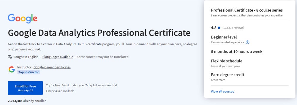 Google Data Analytics Professional Certificate screenshot.