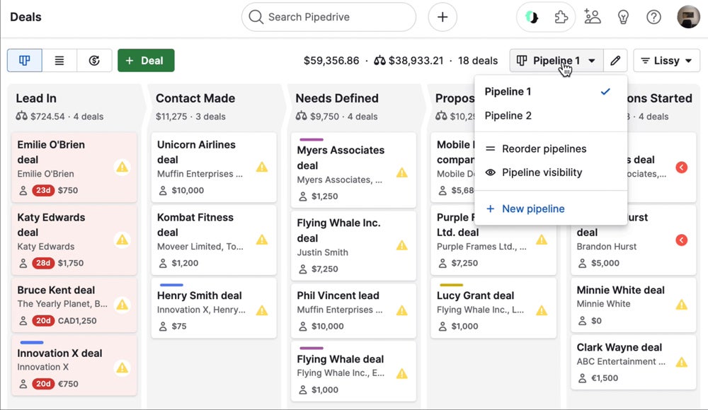 Pipedrive deal management interface.